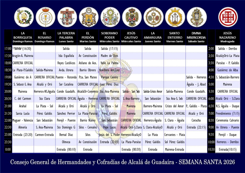 HORARIOS DE LAS HERMANDADES ALCALAREÑAS.