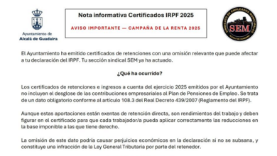 El sindicato SEM denuncia un "grave error" del Ayuntamiento de Alcalá que pone en riesgo las deducciones fiscales de la plantilla